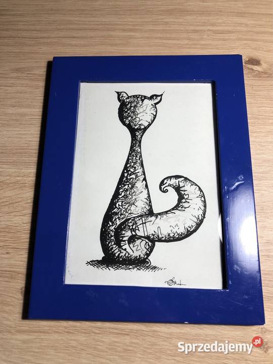 Autorska grafika tuszem Siedzący kot Inowrocław