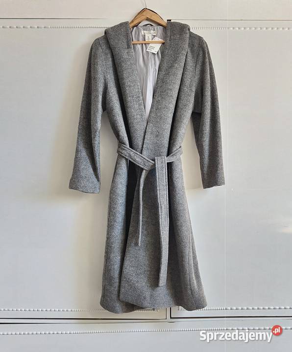 Nowy płaszcz HM L 40 szary wełna wiskoza kaptur H&M