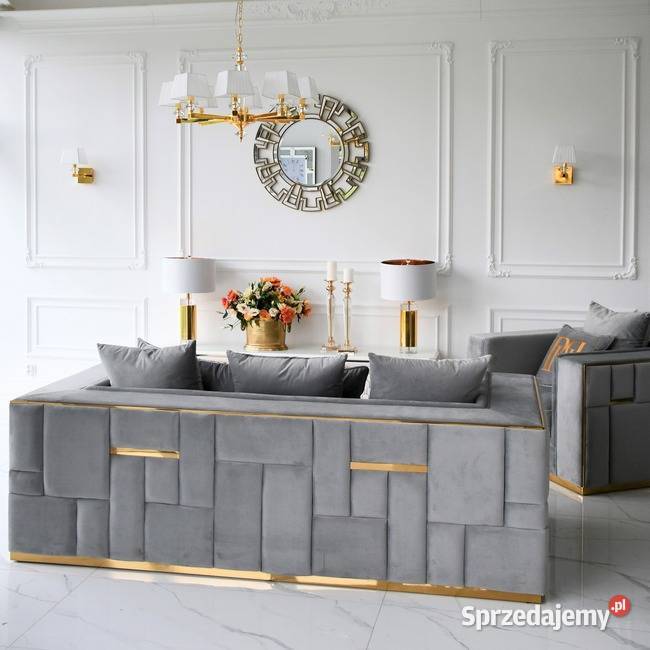 Sofa nowoczesna 3 os Szara Złota Glamour Sofy i kanapy Warszawa
