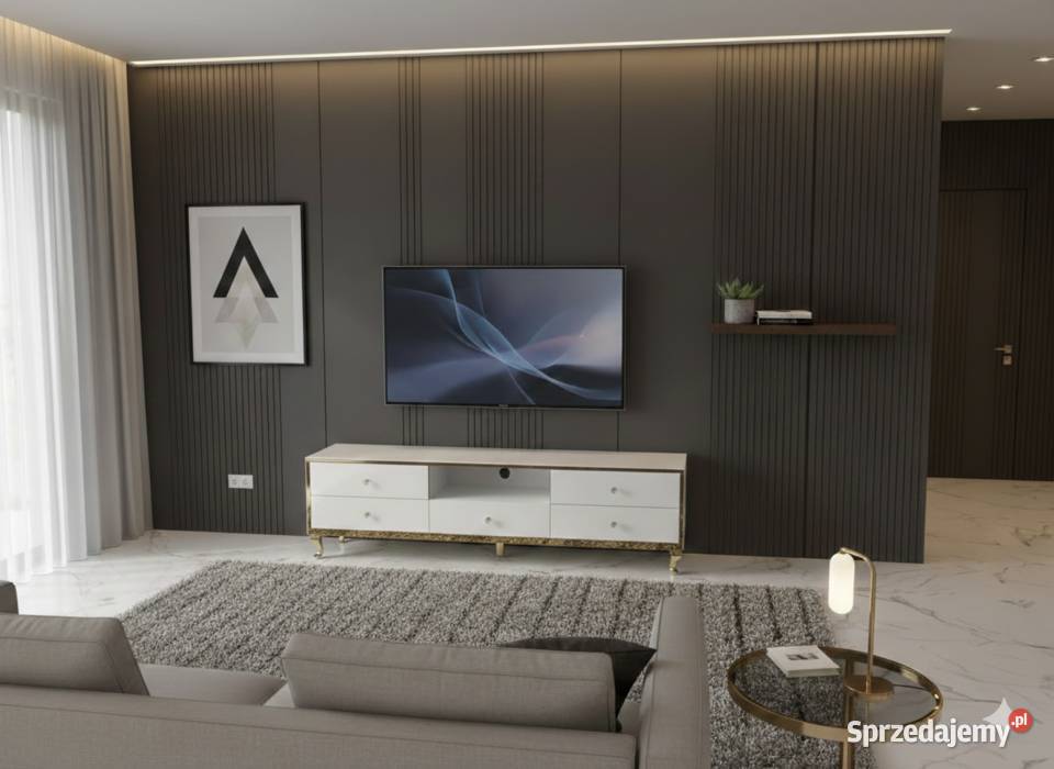 Nowoczesna Komoda RTV Białe Szkło Cichy Domyk Kępno