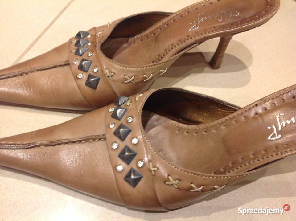 Klapki skórzane na szpilce Stefany P r 365 skóra Nowa Sól