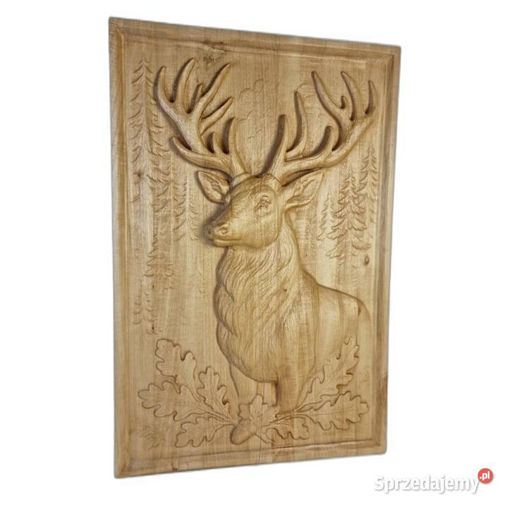 Drewniana płaskorzeźba Jeleń dekoracja ścienna z zachodniopomorskie Malechowo sprzedam