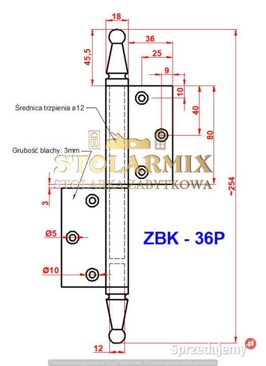 Zawias do starych drzwi bezprzylgowych ZBF 36P Pozostałe Paterek sprzedam