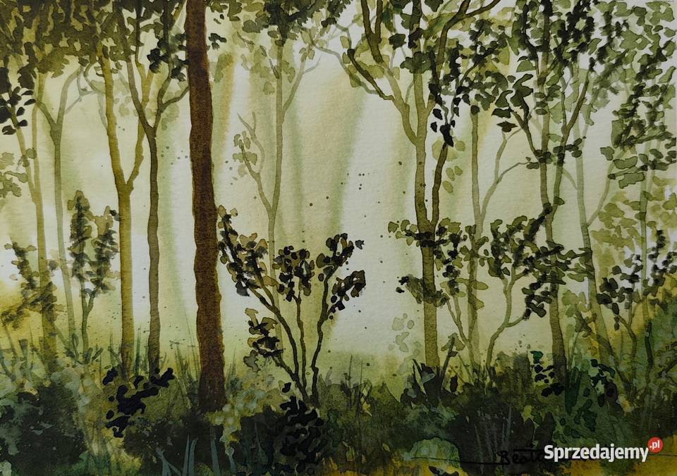Akwarela Akwarelka Obraz pt Pomiędzy drzewami Malarstwo