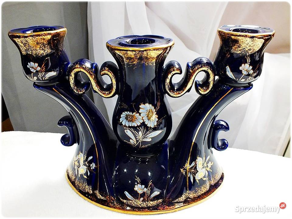 Kobaltowy Świecznik Porcelanowy Royal Porzellan Porcelana i szkło lubuskie Żary