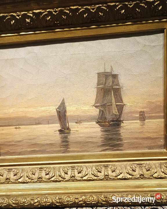 Olej na płótnie żaglowce podpisany XIXXX złota Bronisze