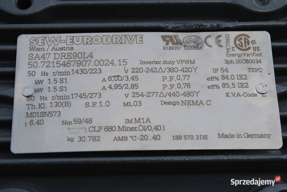 Motoreduktor kątowy 15kw 223obrmin firmy SEW Pozostałe Kargowa