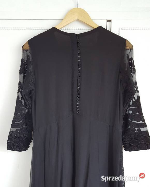 Nowa czarna suknia S 36 M 38 szyfon haft maxi