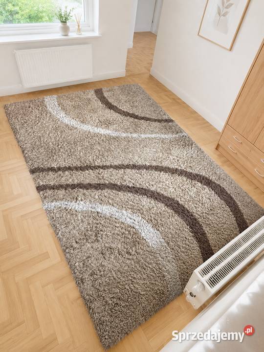 Duży dywan shaggy 240x333 beżowobrązowy miękki i Łańcut