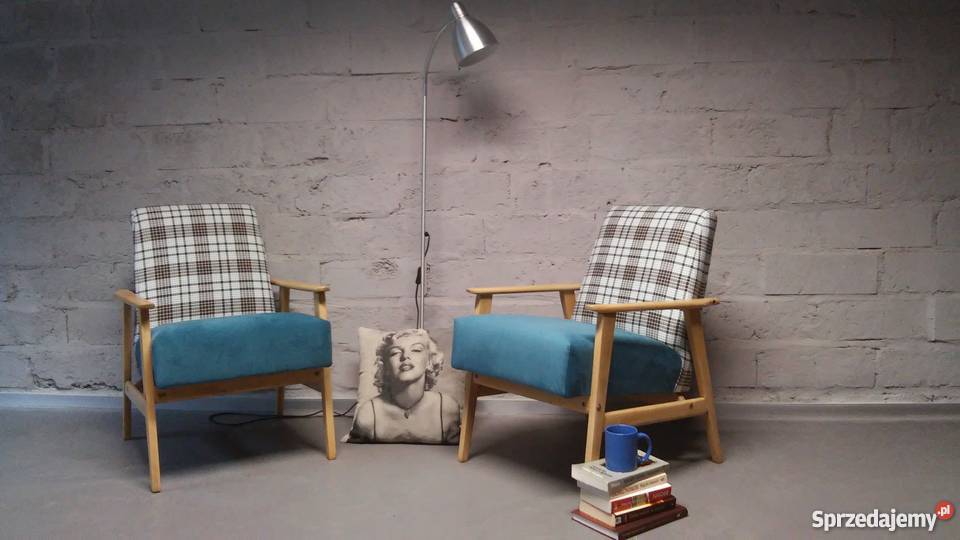 Fotele w kratkę kpl PRL lata 506070 retro loft