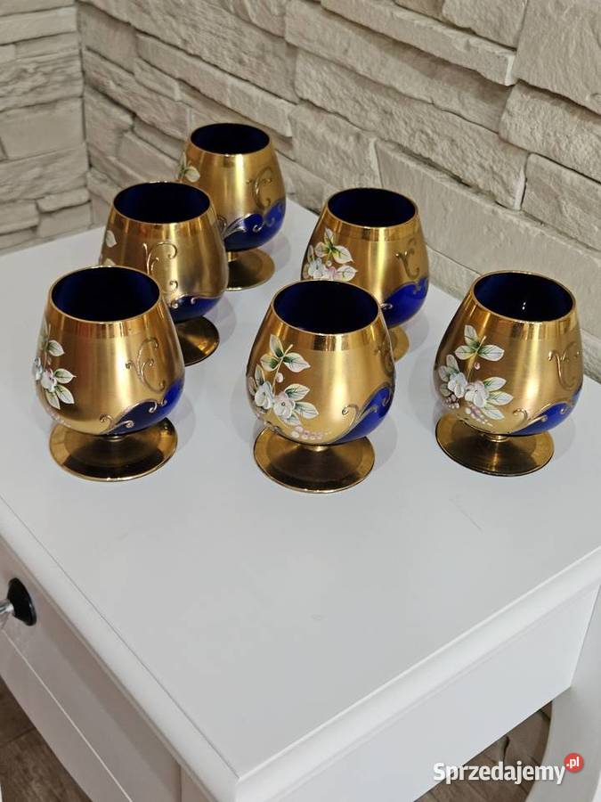 Zabytkowy komplet kieliszków do koniaku cobalt Porcelana i szkło