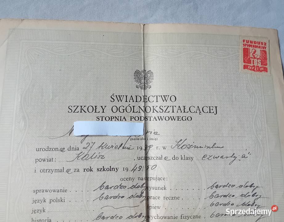 Świadectwo ukończenia klasy 4 szkoły stopnia Koźminek