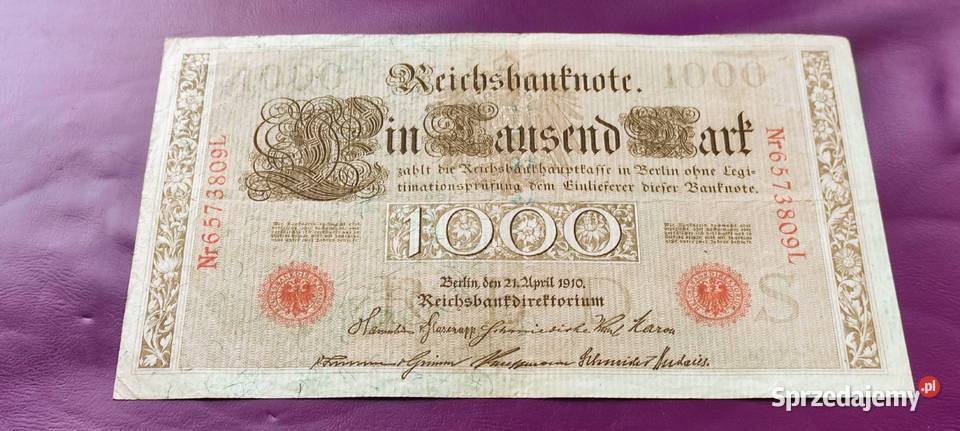 Banknot Niemcy 1000 Marek 1910 Poszukiwany Pruszków