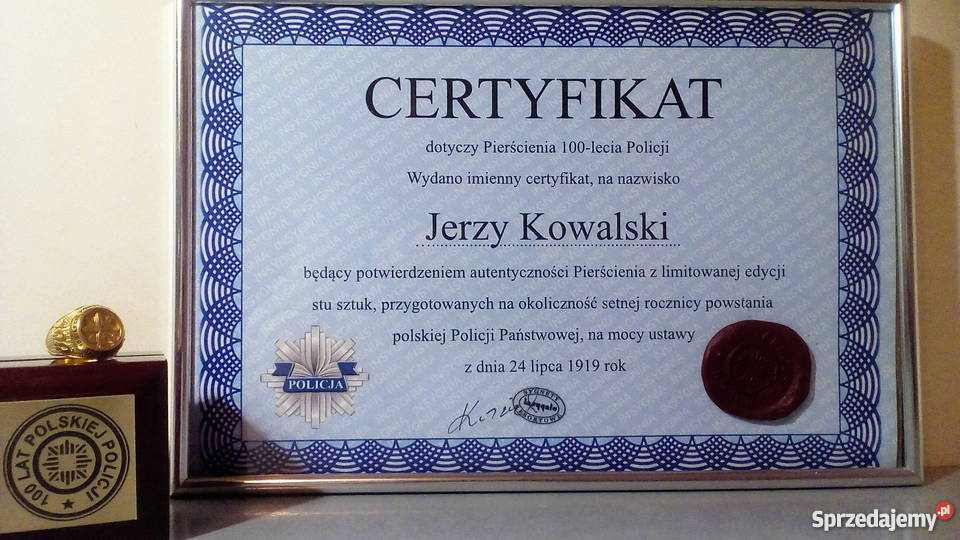 Pierścień okolicznościowy 100lecia Policji pozłacane kujawsko-pomorskie Bydgoszcz