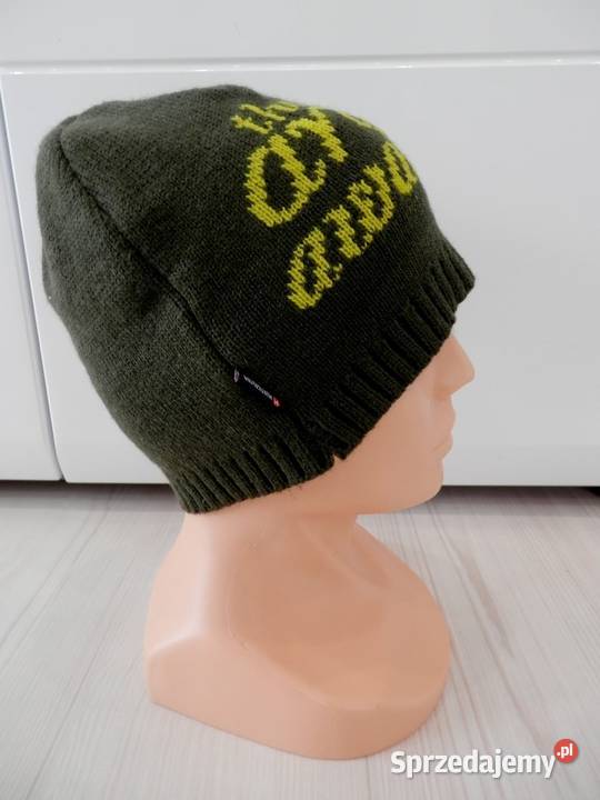 Czapka Męska z Wełną Beanie Oliwkowa z Napisem Łomża