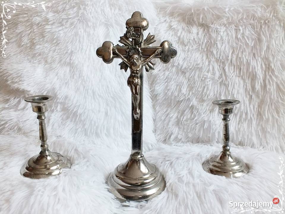 Oryginalny stary metalowy krzyż i dwa świeczniki Żary