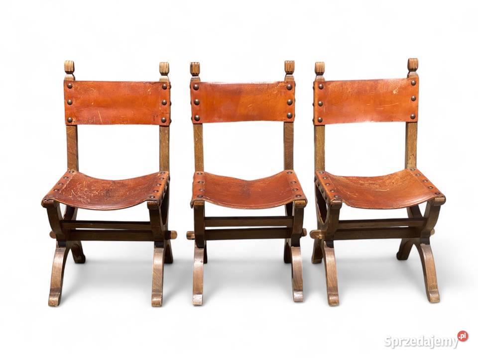 Zestaw 3 dębowych krzeseł vintage skóra Gryfice sprzedam