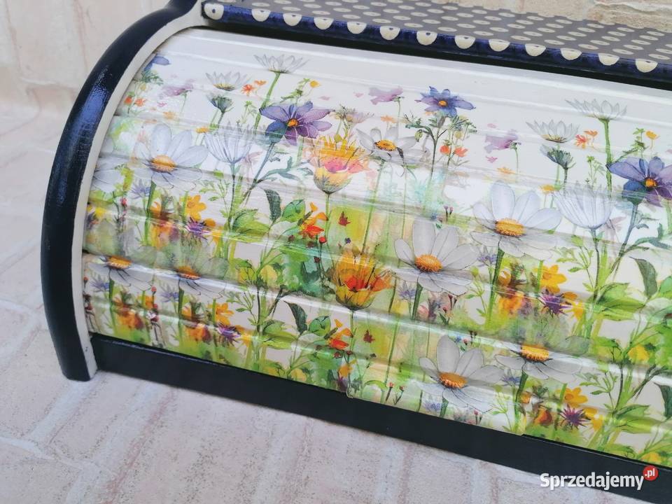 Chlebak duży z drewna decoupage kwiaty łąkowe Halinów