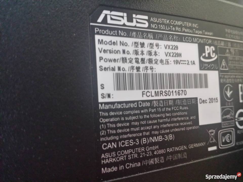 Monitor ASUS VX229H 215 IPS HDMI FullHD śląskie Pawłowice