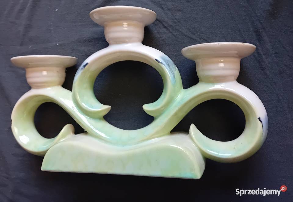 Ceramiczny turkusowy świecznik trójramienny art Koźminek
