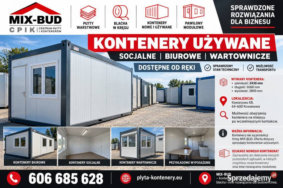 Kontenery biurowe socjale mieszkalnie wartownie Oborniki sprzedam