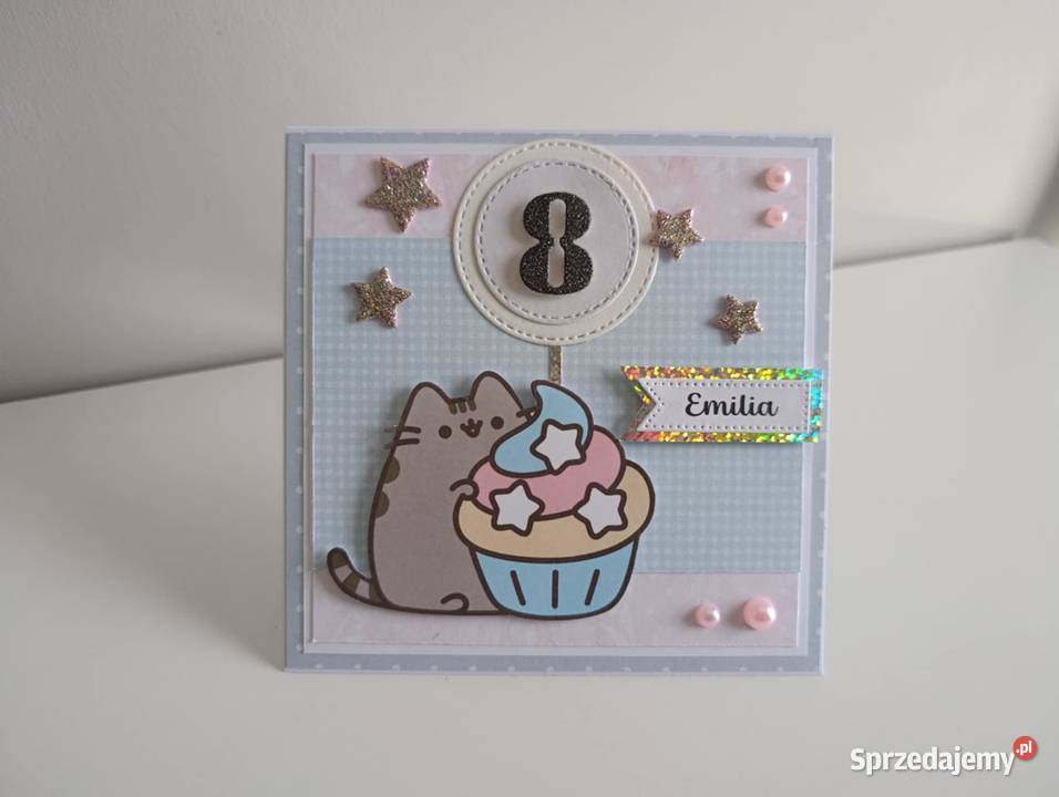 Kartka ręcznie robiona na urodziny kotek Pusheen Łódź