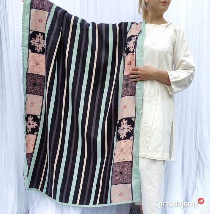 Duży szal w pasy orient granatowy miętowy Szczecin