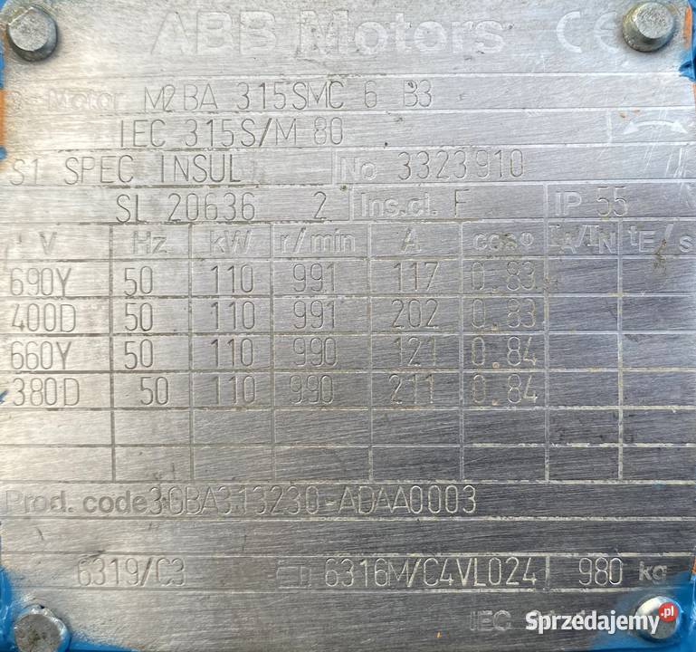 silnik elektryczny 110kW 991obr 3fazowy ABB Pigża