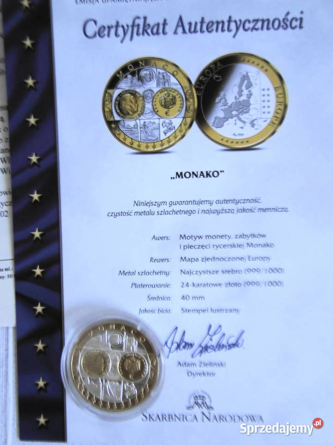 Numizmat Euro Monako srebro 999 pokryte 24 karat Warszawa