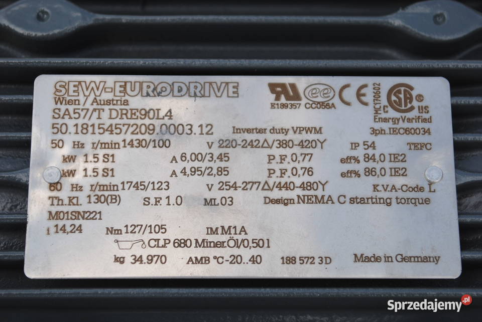 Motoreduktor kątowy 15kw 100obrmin firmy SEW Kargowa