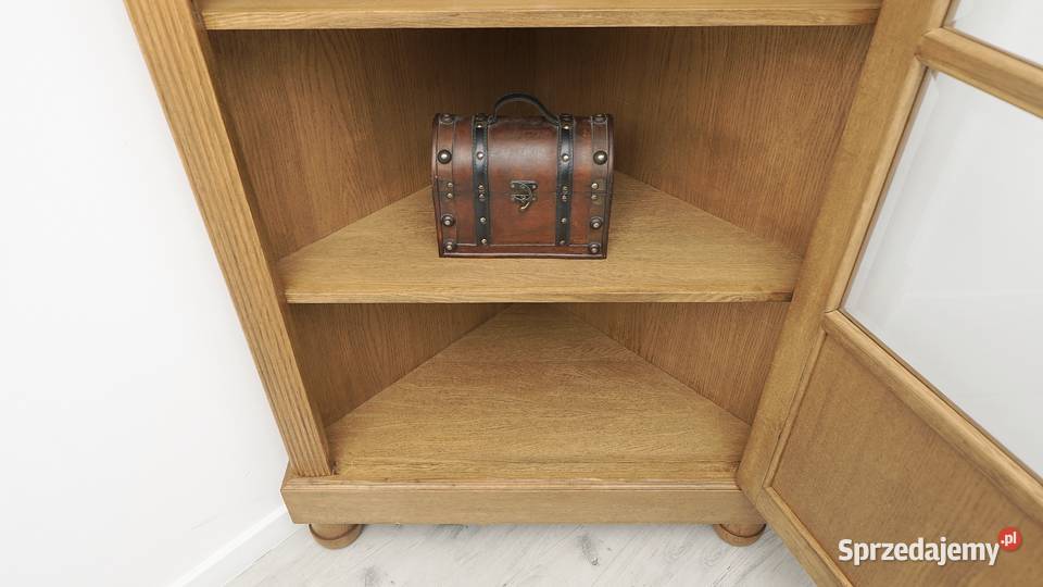 Antyczna narożna witryna z litego dębu renowacji Jerka