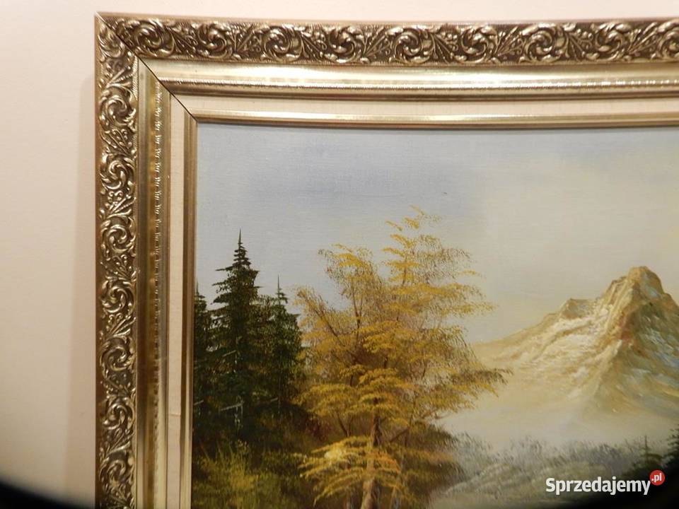 Duży Obraz Olejny GÓRY JEZIORO 116x60 Vintage w Malarstwo Piła