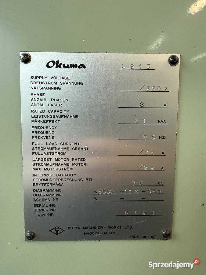Tokarka CNC Okuma LB 15 Tarnowskie Góry sprzedam