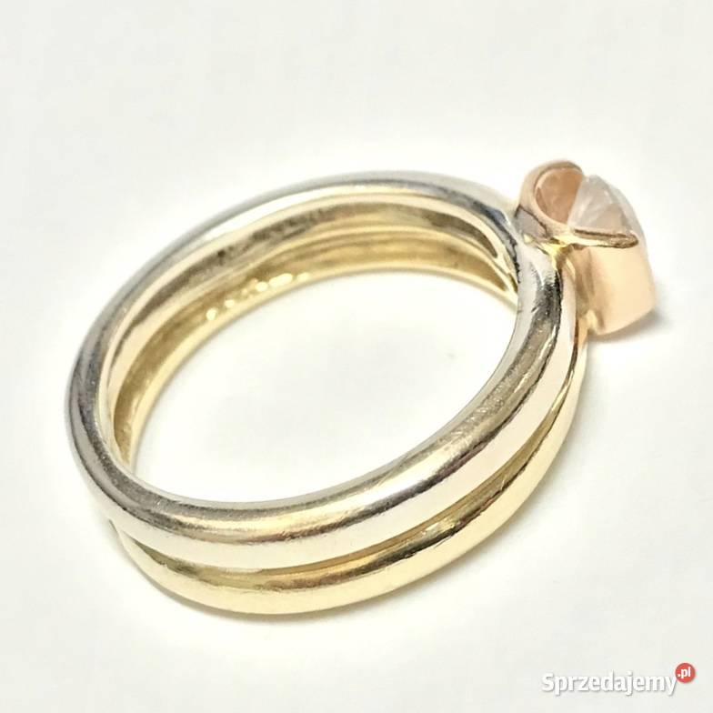 Złoty PIERŚCIONEK 14K trzy KOLORY złota KAMIEŃ Warszawa