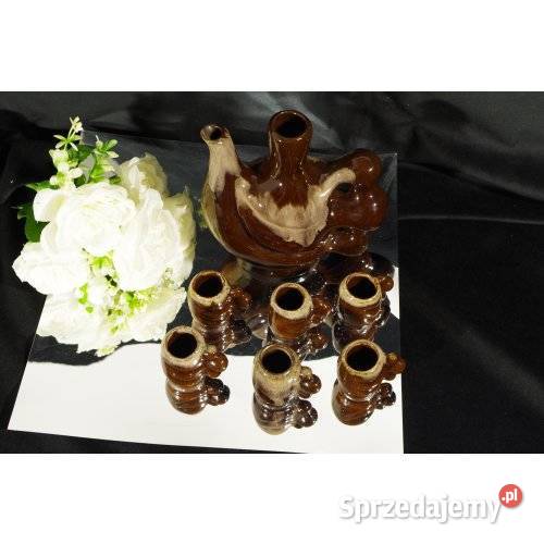 Ceramiczny zestaw karafka i 6 kieliszków vintage śląskie