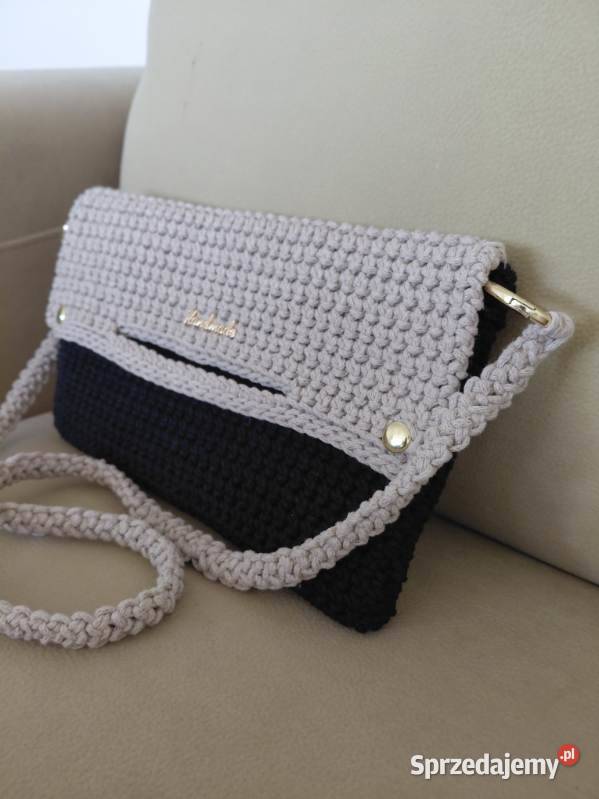 Torebka ze sznurka bawełnianego czarna z beżem