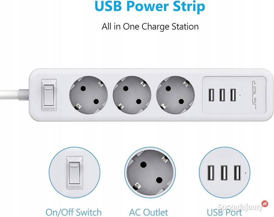Listwa zasilająca 3x230V 3xUSB 3680W 16A z mazowieckie Myszyniec
