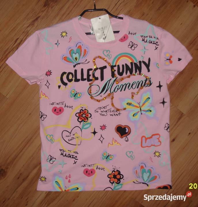 Tshirt NOWY Róż Motyle Serca cekiny cyrkonie r Rawicz