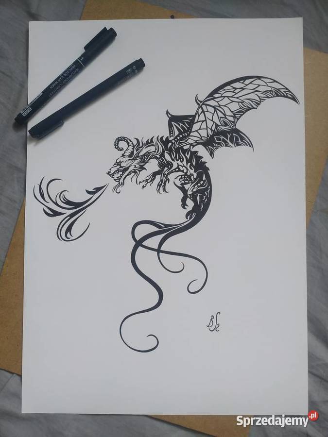Rysunek smok cienkopis blok t A3 250 gm2 Antyki, Sztuka, Kolekcje
