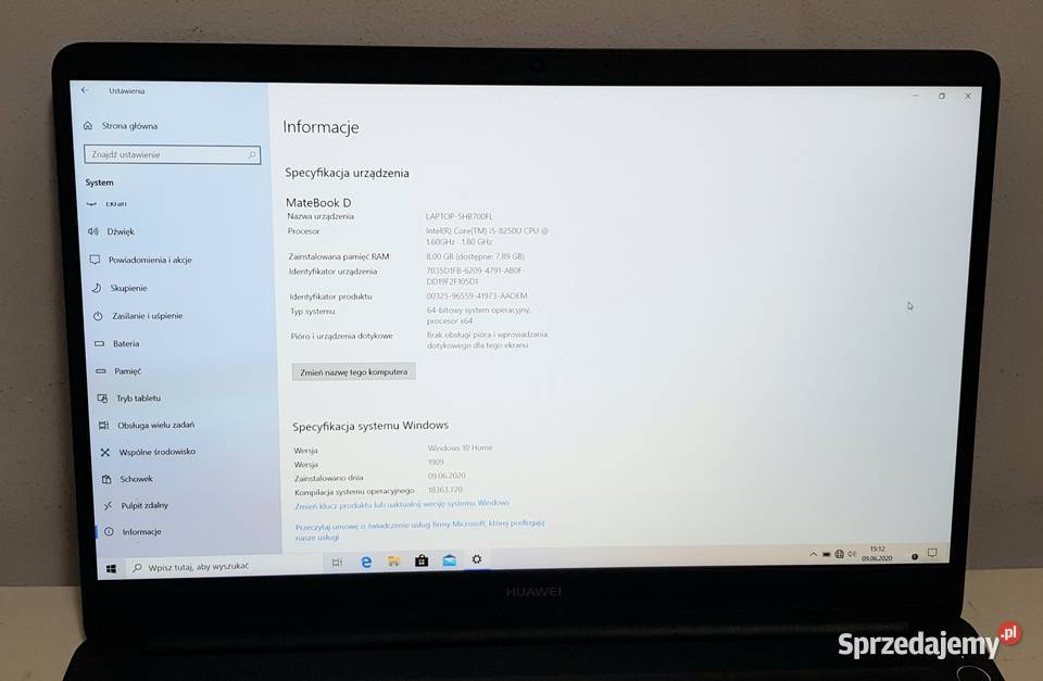 LAPTOP HUAWEI MATEBOOK D SSD256 RAM8GB WIN10 łódzkie Pabianice