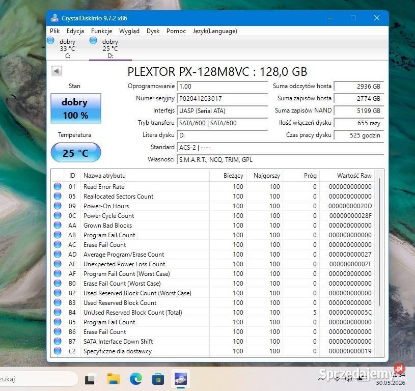 Dysk SSD Plextor przepracowane 525 godzin