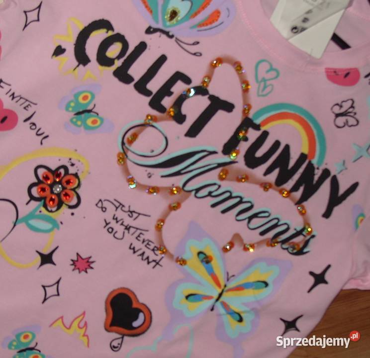 Tshirt NOWY Róż Motyle Serca cekiny cyrkonie r Rawicz