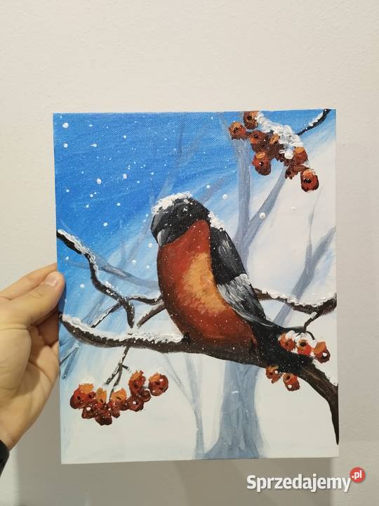 Ptak na galezi zimowy obraz recznie malowany Cekcyn