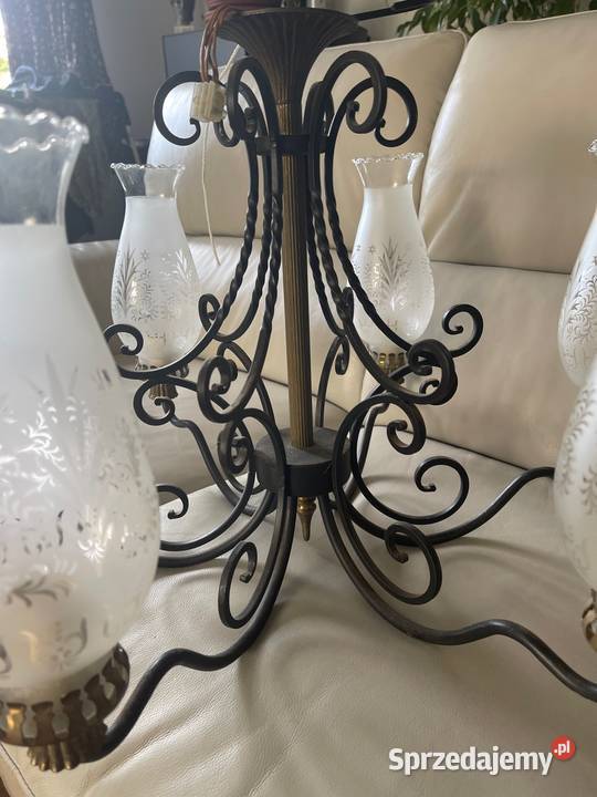 Antyk żyrandol lampa mosiądz szkło grawerowane Bystrzyca Kłodzka