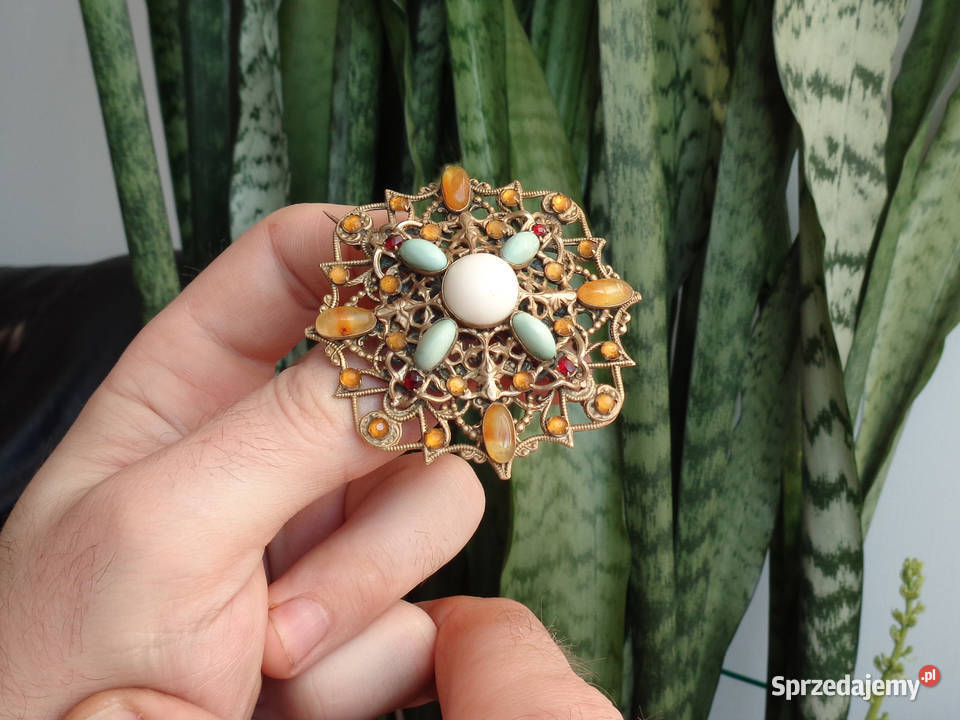 Stara broszka granaty korale bursztyny Brzeg