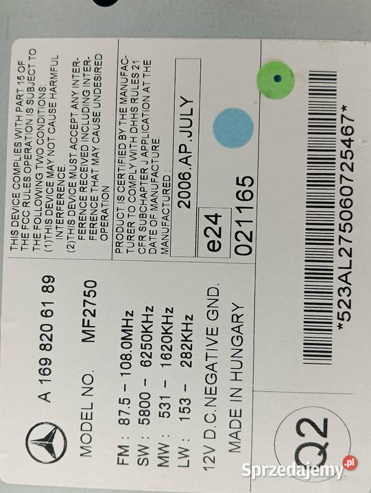 RADIO A1698206189 MercedesBenz Aklasa II