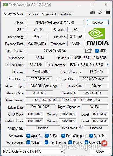 Komputer do gier i76700 GTX 1070 8GB 16GB RAM