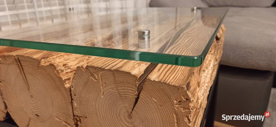 Stolik kawowy z starych belek loft z szybą Meble Radgoszcz