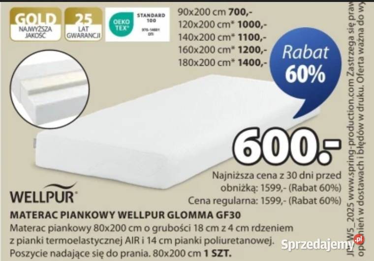 Materac WELLPUR Glomma GF30 90x200 nowy stan