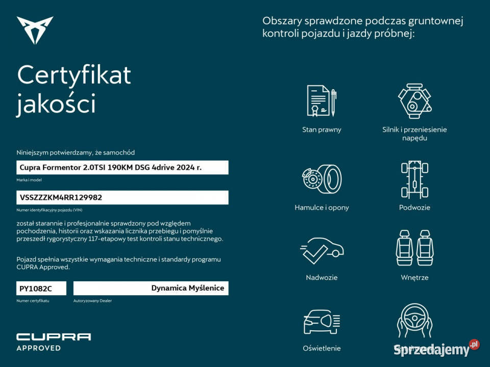 Cupra Formentor 20TSI 190 DSG 2024 r salon fa Zarejestrowany w Polsce Myślenice